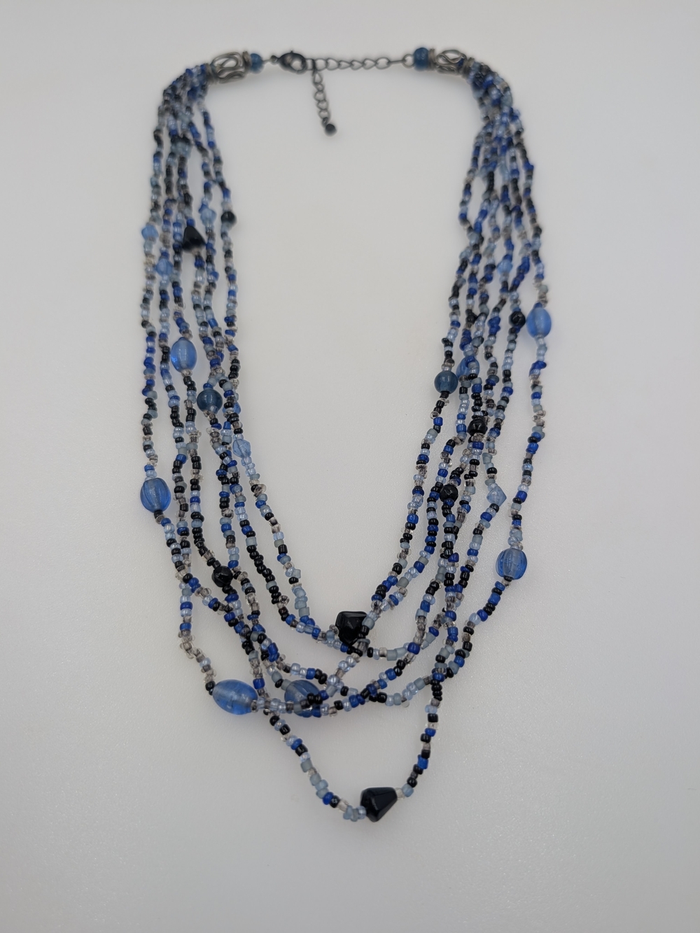 Bohemian Multi-Row Cascading Blue Ombré Glass Beaded Statement Necklace 0411